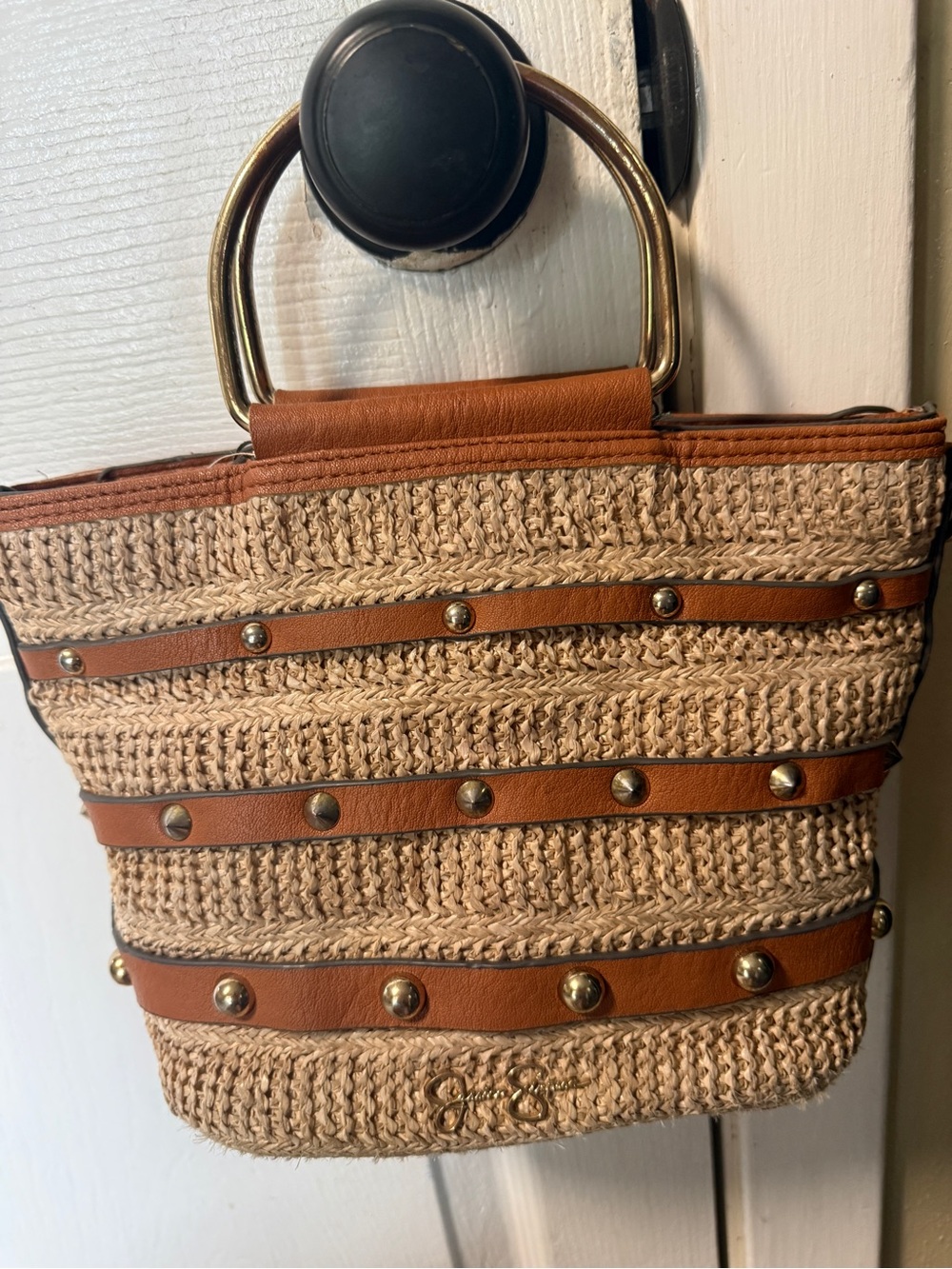 Jessica Simpson Small Straw Purse with leather and studs with Gold Handles